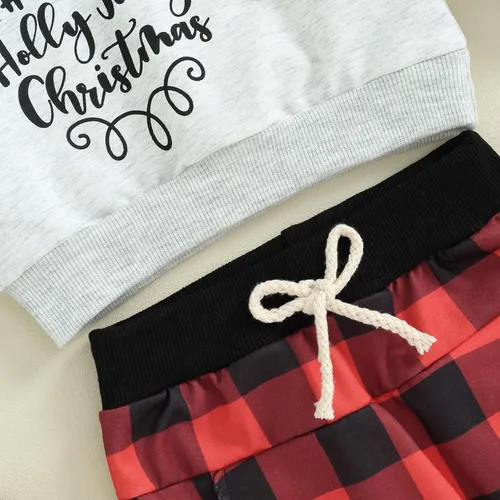 Vista 4 de Conjunto de sudadera de manga larga con estampado de letras y pantalones deportivos a cuadros, 2 piezas para otoño e invierno
