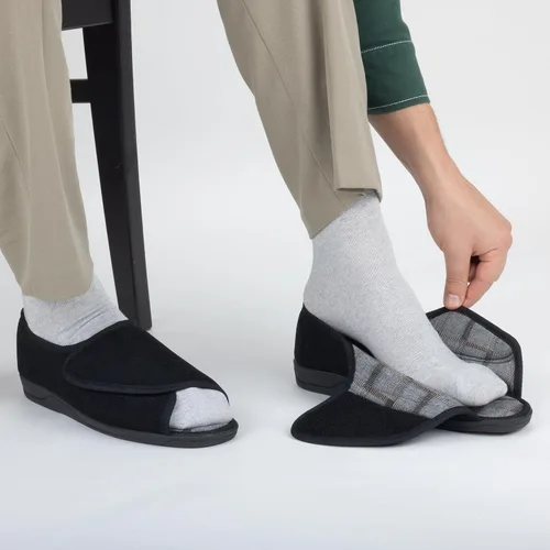 Vista 15 de Pantuflas para diabéticos con punta abierta para hombres, extra anchas, espuma viscoelástica, puntera abierta, antideslizantes, para personas