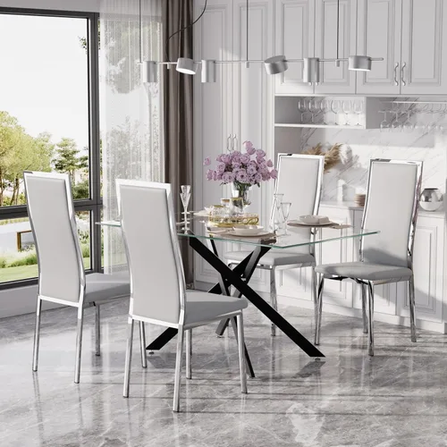 Vista 20 de Juego de mesa de comedor de cristal dorado moderno de 63 pulgadas para 6, juego de mesa de cocina rectangular de 7 piezas con patas de acero Negro