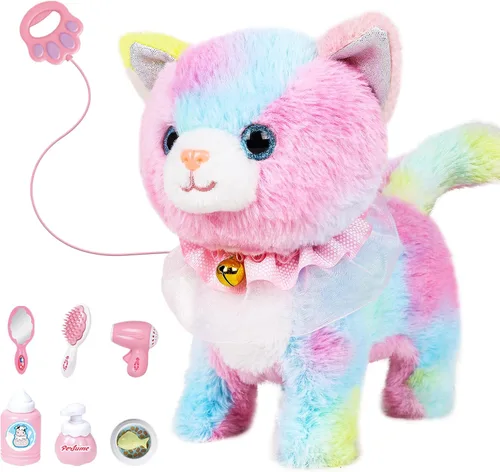 Vista 9 de Jimate Juguete electrónico interactivo de peluche robot que camina y ladra, gato de peluche con control remoto para niñas (gato blanco)