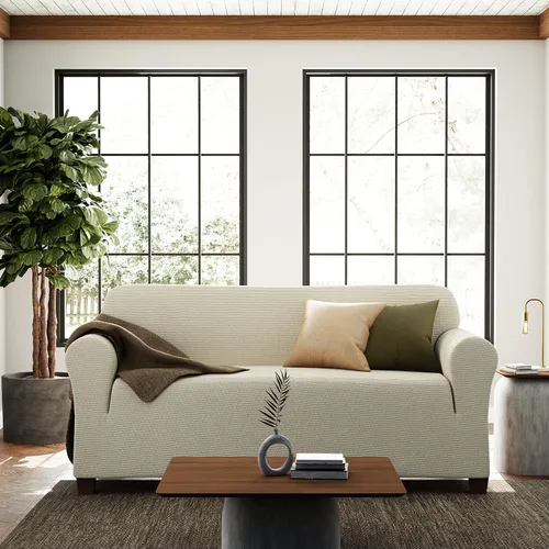Vista 2 de Zenna Home Funda elástica de felpilla para sofá, color marfil/hueso, 1 pieza, suave y elástica para sofás, tela resistente a las arrugas, fácil