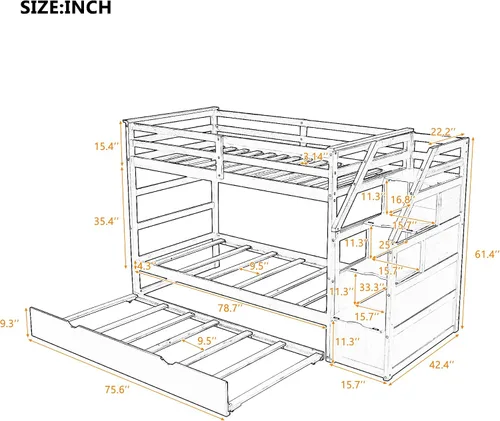 Vista 2 de Harper & Bright Designs Litera con nido y escalera, marco de literas de madera individual sobre cama individual con barandilla de seguridad, litera