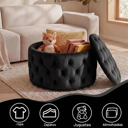Vista 3 de Homebeez Otomana de Almacenamiento Redonda de Terciopelo de 28 Pulgadas, Taburete Reposapiés con Capitoné de Botones Mesa de Centro para Sala