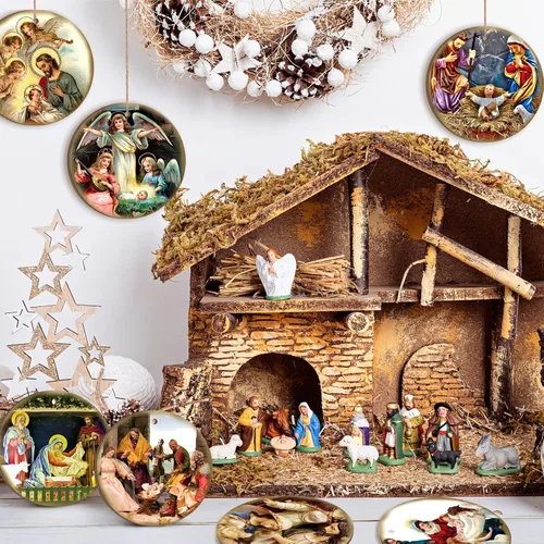 Vista 3 de Karenhi 40 piezas de adorno de Navidad religioso de madera colgante de madera retro vintage Natividad cristiana católica el nacimiento de Jesús