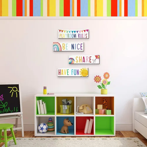 Vista 6 de 4 piezas de madera para sala de juegos para niños, decoración de pared con texto en inglés «Be Nice Share Have Fun», placa de pared colorida