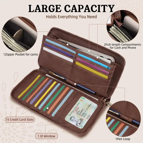 Vista 3 de APHISON Billetera para mujer, gran capacidad, monedero, tarjetero, RFID, pulsera, teléfono, cremallera, moneda, bolsillo de viaje