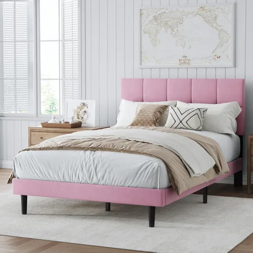 Vista 3 de Base de cama de plataforma de terciopelo de tamaño matrimonial con cabecera tapizada y soporte de listones resistentes, diseño con botones,