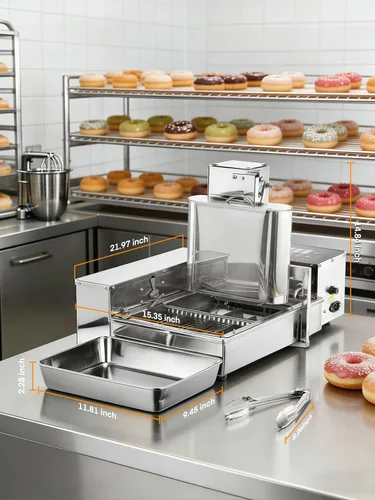 Vista 6 de FOHERE Máquina automática comercial para hacer donas, 1750 W, mini freidora de donas de 4 filas, tolva de 3 litros con control inteligente, 250