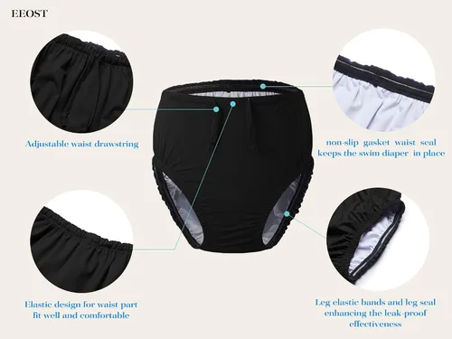 Vista 3 de Pañales de natación reutilizables para adultos, ropa de baño para necesidades especiales para incontinencia, cubiertas de pañales de tela Negro