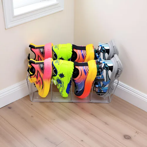 Vista 5 de Estante de zapatos acrílico para niños, organizador de zapatos, estantes de exhibición de 4 secciones, paquete de 2 Organizador apilable