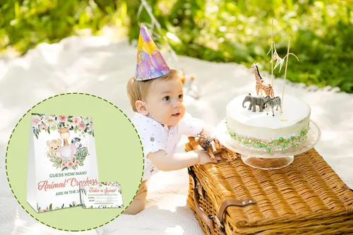 Vista 4 de How Many Animal Crackers Are In The Jar, juego de baby shower floral bohemio rosa rubor, decoración de baby shower de animales de la selva safari