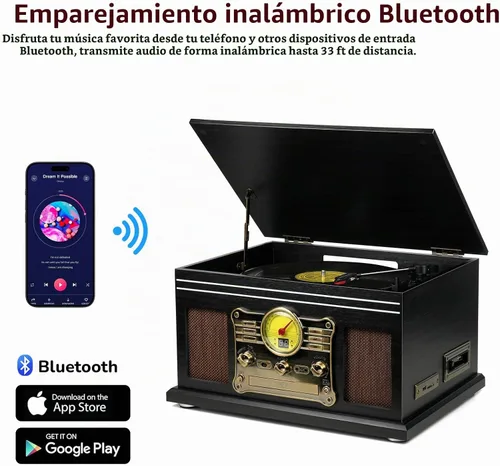 Vista 4 de FEKTIK FEKTIK - Tocadiscos Bluetooth 10 en 1, tocadiscos de 3 velocidades para vinilo con altavoces, convertidor LP a MP3, CD, reproductor de Negro