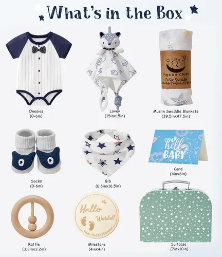 Vista 5 de Golray Regalos para baby shower, 9 piezas esenciales para recién nacidos con zorro amoroso/manta/mameluco/sonajero