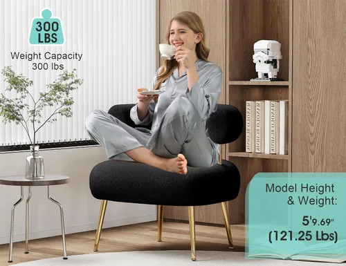 Vista 3 de Silla de Acento Mid Century Sherpa Boucle, Silla de Brazo de Barril Redonda Tapizada para Espacios Pequeños, Silla de Sofá de Esquina Lateral
