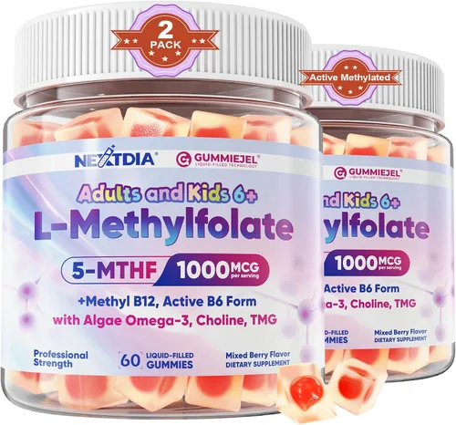 Vista 10 de L-metilfolato de 1000 mcg + gomitas de metilo B12 para niños y adultos – Activo 5-MTHF, con Omega-3 DHA y EPA (3:1), colina y TMG, B6, apoya el gen
