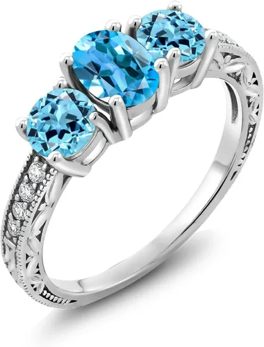 Vista 26 de Gem Stone King Anillo de compromiso de 3 piedras preciosas de oro blanco de 10 quilates con piedra natal y diamantes cultivados en laboratorio