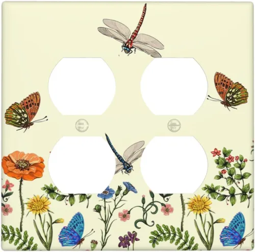 Vista 124 de Placa de Pared en Blanco de 1-Gang Sin Dispositivo Beige Lindo Vintage Boho de los 70s Hongo Fungus Planta Floral Botánica Libélula Interruptor
