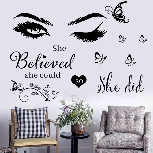 Vista 6 de Adhesivo de pared de vinilo con texto en inglés "She Believed She Could So She Did", calcomanías de pared de mariposa para dormitorio, sala