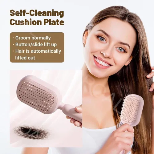 Vista 2 de Peine de masaje con cojín retráctil, cepillo para el cabello con cerdas retráctiles, peine retráctil para desenredar, cepillo de pelo autolimpiante