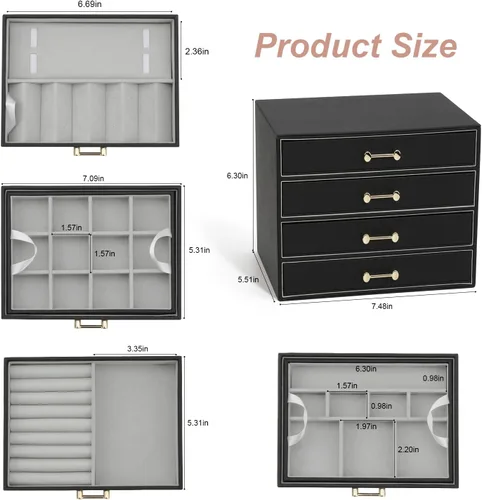 Vista 6 de V-LAFUYLIFE Jewelry Box with 4 Drawers,Jewelry Organizer Box for Women Girls,4- Layer Jewelry Storage Case for Necklaces Bracelets Earring and Watch