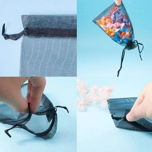 Vista 2 de 100 piezas por paquete 5x7 Bolsas de regalo transparentes negras, tela de organza transparente, bolsas de malla transparentes con cordón