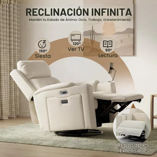 Vista 7 de Sillón reclinable giratorio eléctrico con reposacabezas y lumbar ajustables Blanco