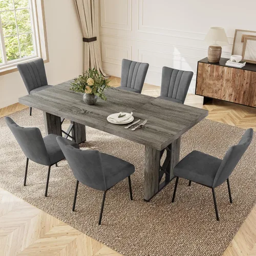 Vista 15 de HIPIHOM Mesa de comedor de granja de 70.8 pulgadas para 6 personas, mesa de cocina rectangular grande con patas resistentes, muebles de comedor