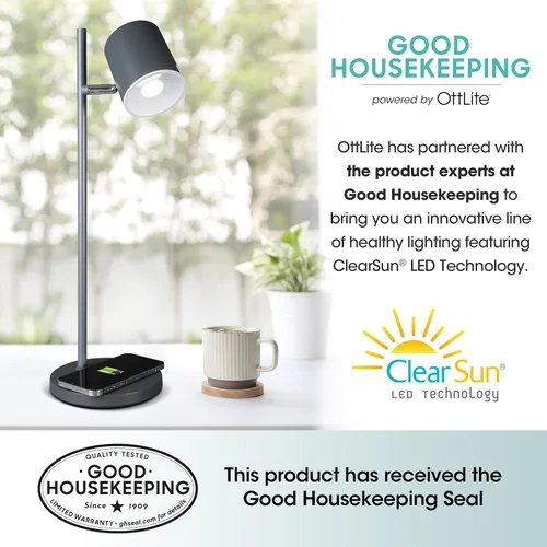 Vista 6 de OttLite Good Housekeeping - Lámpara de escritorio LED moderna, carga inalámbrica, color gris Los LED ClearSun reducen la fatiga ocular Regulable