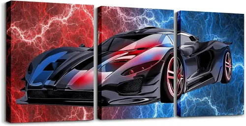 Vista 20 de Feelyou Cuadro azul de carreras para pared, 12 x 16 pulgadas, 3 piezas de autos deportivos de velocidad, lienzo para decoración de pared, diseño