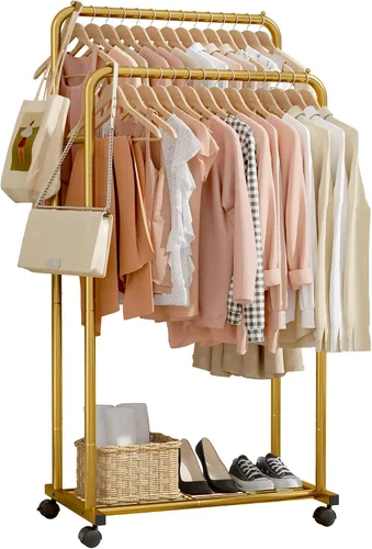 Vista 9 de Sakugi Perchero de Ropa - Perchero de ropa con estante de malla de almacenamiento y ruedas, perchero de metal resistente para colgar ropa, vestidos