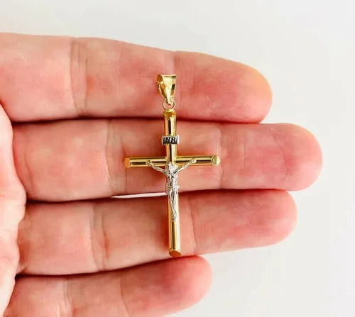 Vista 2 de Colgante de cruz de crucifijo religioso de oro de dos tonos de 14 quilates, 1.693 in x 0.787 in, Oro amarillo, No es relevante para este producto