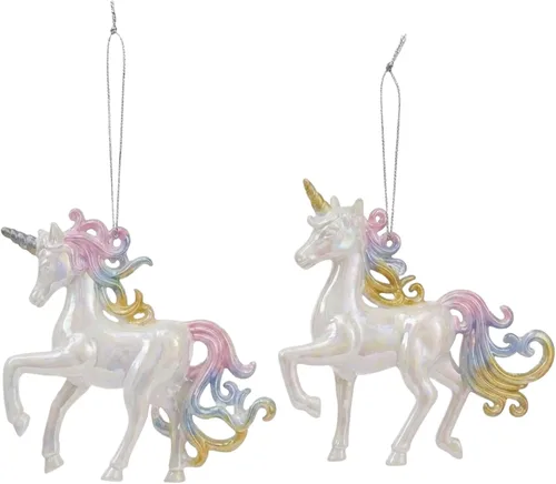Vista 3 de Kurt Adler T2502 - Juego de 2 adornos de Navidad acrílicos de unicornio arcoíris iridiscente pastel de 4 pulgadas