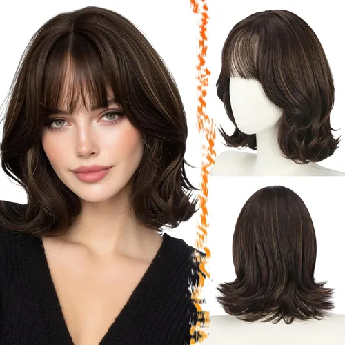 Vista 20 de BARSDAR Synthetic Short Layered Brown Highlights Bob Wig with Wispy Bangs