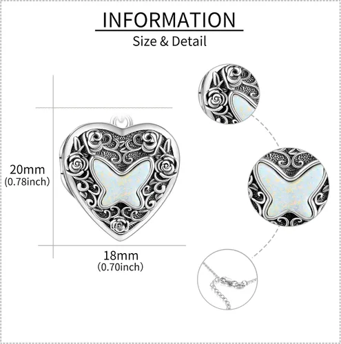 Vista 3 de URONE Collar con medallón de corazón de mariposa de plata de ley 925, collar con colgante de mariposa que sostiene fotos medallón de fotos, joyería