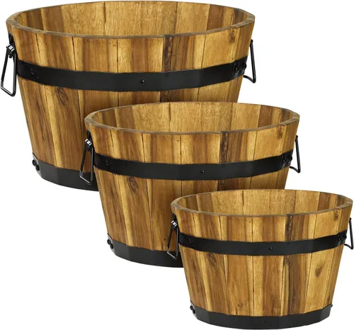 Vista 12 de Juego de 3 cajas de flores de madera para exteriores, macetas de barril de madera de acacia duraderas para plantas al aire libre con asas