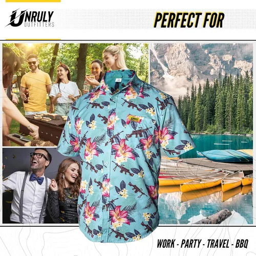 Vista 6 de Camisa hawaiana para hombre, color verde, M249, camisas con botones para hombre, divertidas camisas de armas de flores con pistolas