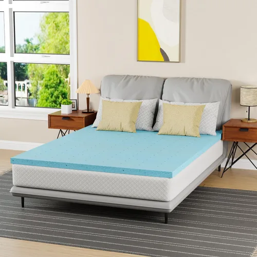 Vista 12 de PayLessHere - Cubrecolchón de espuma viscoelástica de gel completo de 2 pulgadas, firme de felpa, color azul Cubrecama de diseño ventilado