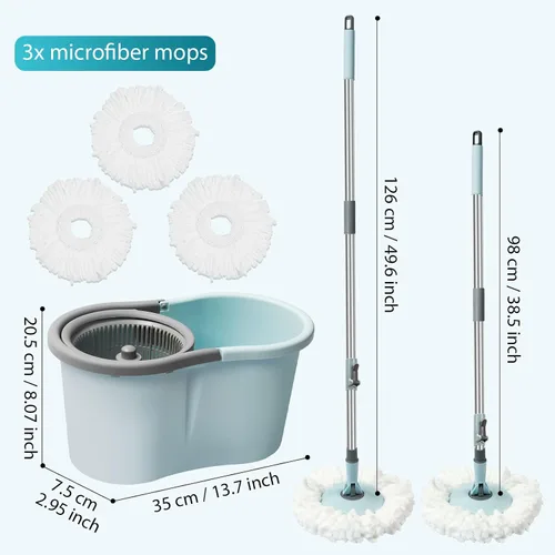 Vista 5 de Juego de trapeador giratorio y cubo con escurridor, juego de cubo giratorio operable de 360° con 3 cabezales de repuesto de microfibra, mango