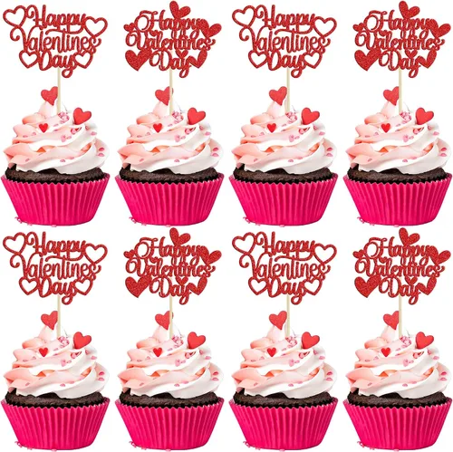 Vista 13 de 24 piezas de decoración de cupcakes con purpurina dorada para el día de San Valentín, temática de San Valentín, fiesta de cumpleaños, suministros