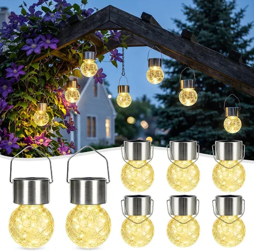 Vista 12 de Solpex Luces solares colgantes al aire libre, paquete de 8 luces decorativas de bola de vidrio agrietado, iluminación solar impermeable, luces