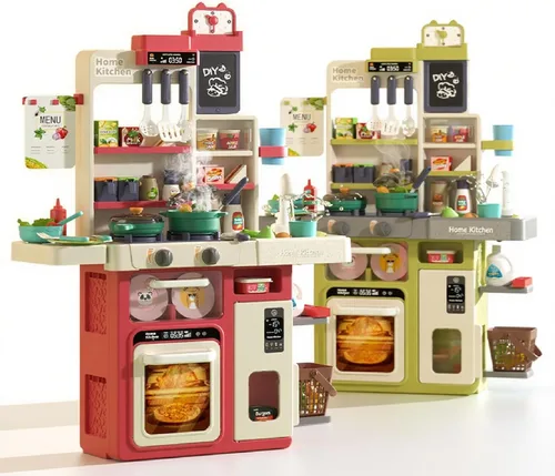 Vista 4 de Serena&Jewel Juego de cocina con 63 piezas, juego de accesorios de juguete con sonidos reales y luz, fregadero de juego, estufa de cocina con vapor
