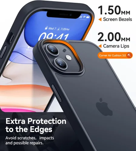 Vista 5 de CANSHN Compatible mate con iPhone 11 [Certificado de caída militar] Funda de teléfono con parte trasera translúcida, antihuellas - Negro helado