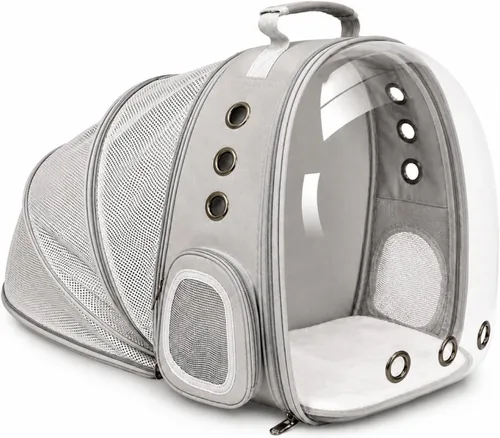 Vista 12 de Mochila expandible para gatos y perros, mochila de viaje para mascotas con ventana de burbujas con malla transpirable, estructura anticolapso, Negro
