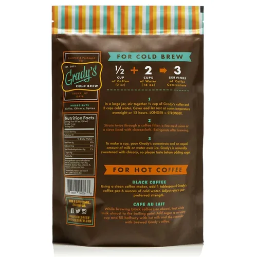 Vista 4 de GRADY'S COLD BREW, New Orleans Style, 100% arábica café tostado oscuro medio y achicoria, molido para café caliente y cerveza fría, bolsa de una