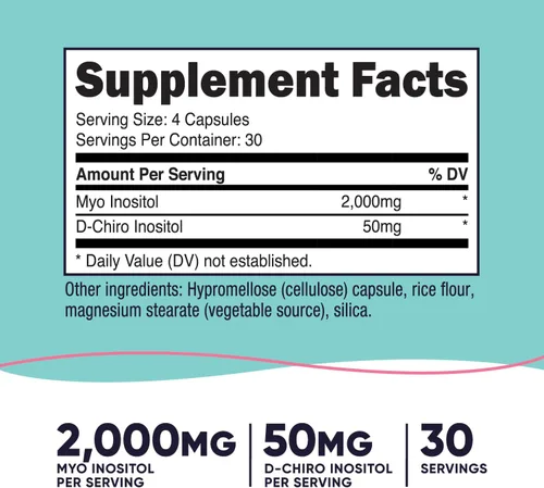 Vista 2 de Nutricost Myo Inositol y D-Chiro Inositol para mujeres 2000mg, 120 cápsulas, 2000mg Myo y 50mg D-Chiro por porción, 30 porciones, apto