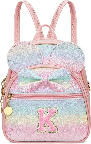 Vista 20 de KKXIU Mochilas Mini con Moño Inicial para Niñas y Mujeres, Linda Mochila Pequeña con Asa de Bolso, Regalos Personalizados para Niños, Arcoíris