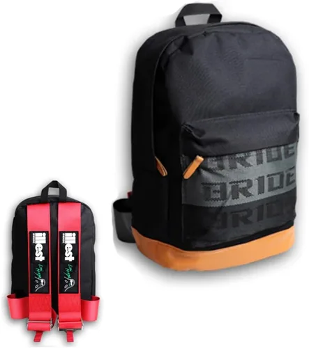 Vista 13 de W-POWER JDM Bride Racing Mochila de viaje para laptop con parte inferior marrón con correas de arnés ajustables (ASIMO-BK)