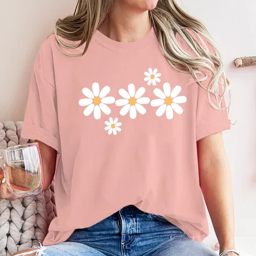 Vista 4 de Faktuzi - Camisas de margaritas para mujer, camisetas de gran tamaño, camisetas gráficas de flores, camisetas vintage con estampado floral y cuello