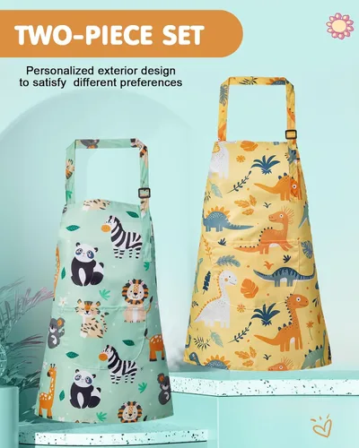 Vista 6 de Lictin Paquete de 2 delantales para niños y niñas para cocinar, delantal de arte impermeable con bolsillos para niños, pintar, cocinar, hornear