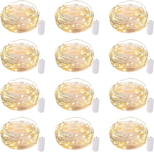 Vista 13 de Brightown - Paquete de 12 luces LED de hadas multicolor con pilas, resistentes al agua, cable plateado de 7 pies, 20 luces LED de luciérnagas